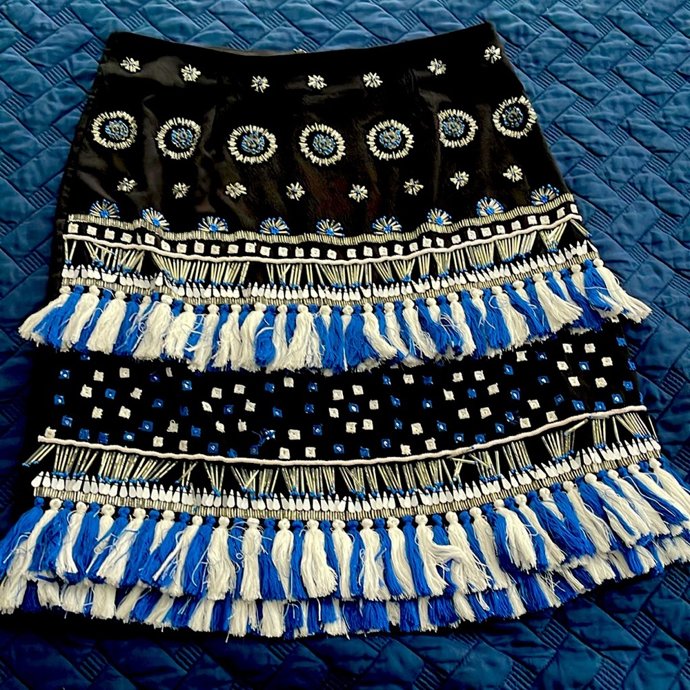 Women’s Black Mid-Length Skirt Blue & White Beaded, Embroidered, and Fringe